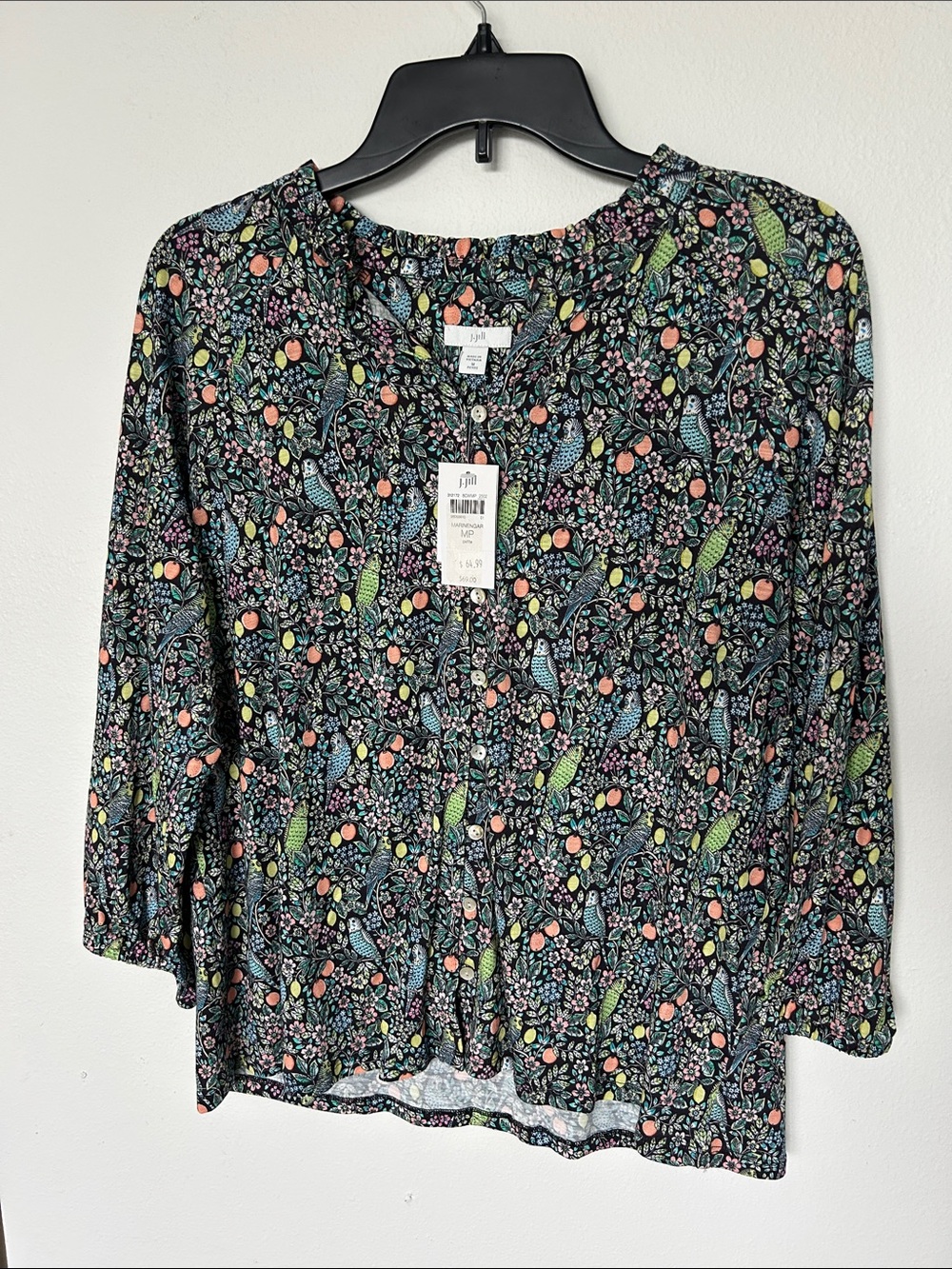 J. Jill Marinengar Black Floral Bird Button-Front Blouse Medium Petite, NWT